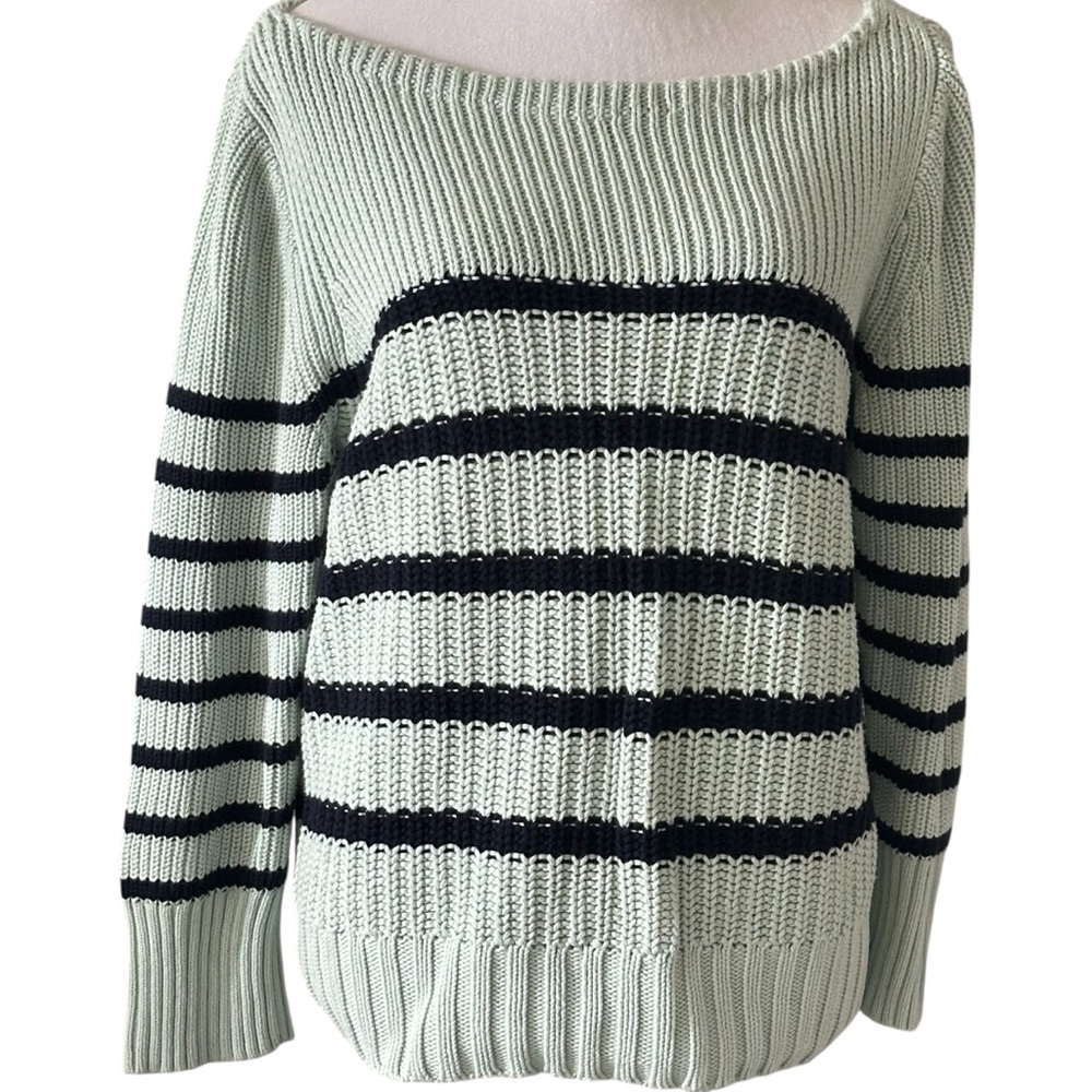 J. CREW Sweater Women L Pullover Relaxed Pastel Green Black Striped 100% Cotton